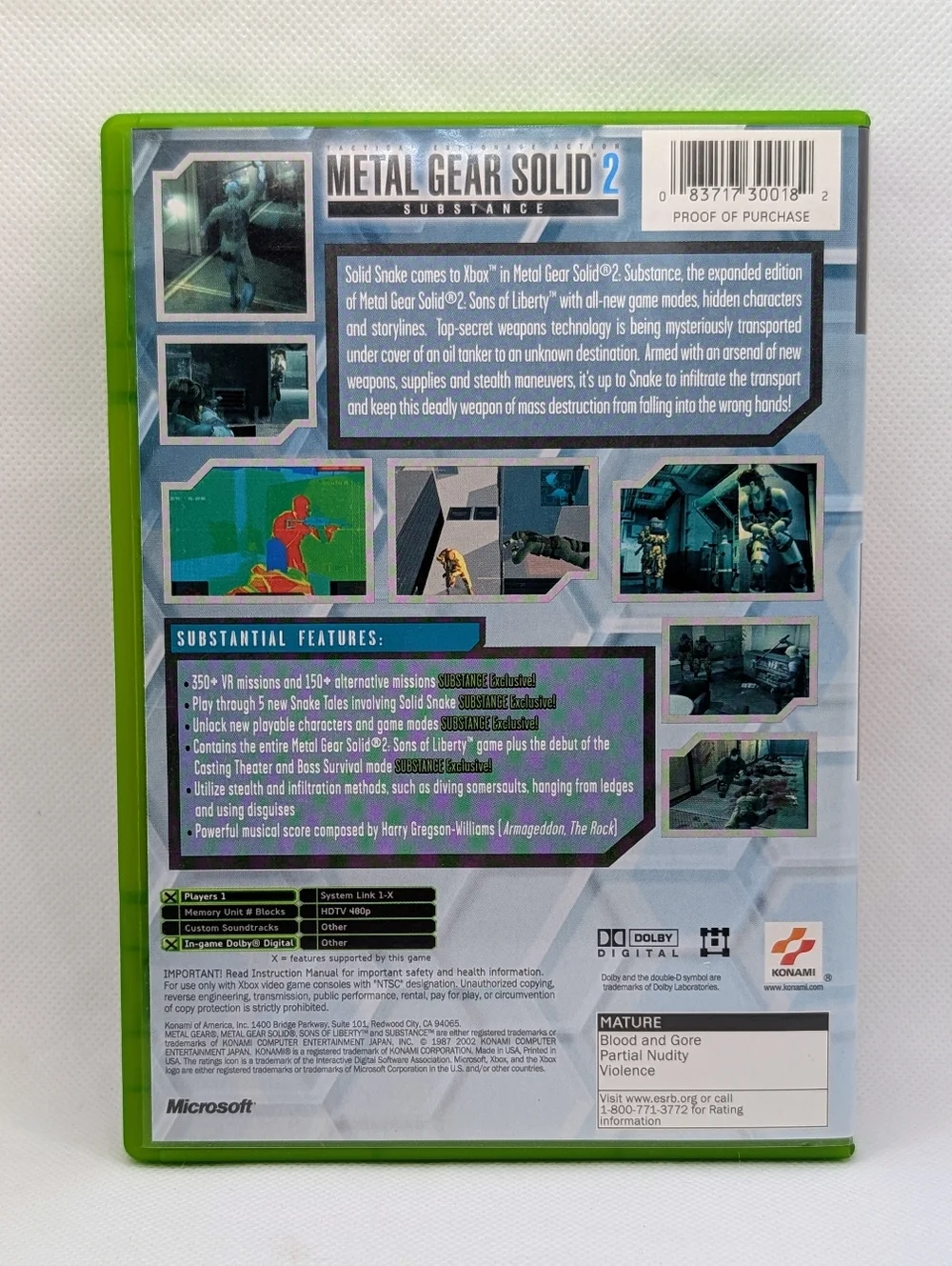 Metal Gear Solid 2: Substance (Microsoft Xbox, 2002) Complete Solid Snake Konami